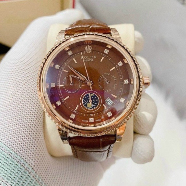 Đồng hồ Nam Rolex máy nhật, mẫu 6kim đính đá, mặt nâu cafe viền vàng, dây da [ BH 1 Năm ] lỗi 1 đổi 1 miễn phí | BigBuy360 - bigbuy360.vn