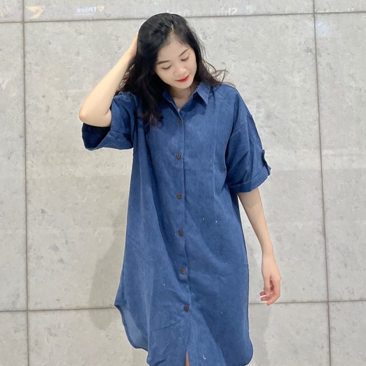 Váy sơ mi nhung tăm dáng suông tay lỡ form rộng vạt bầu, Đầm sơ mi dáng suông tay ngắn nhung tăm khuy tay Ulzzang