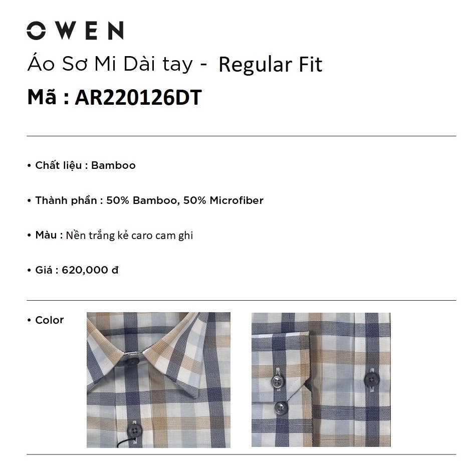 Áo Sơ Mi Nam Dài Tay OWEN AR220126DT Somi Công Sở Vải Sợi Tre Cao Cấp Màu Trắng Caro Cam Ghi Dáng Suông Tà Lượn Có Túi