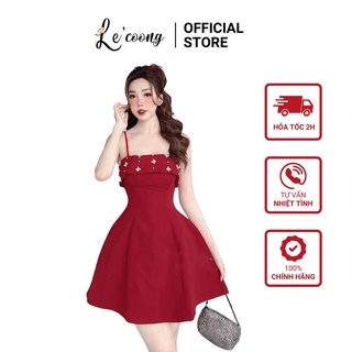 Đầm Hai Dây Đi Tiệc Đính Trai LECOONG V180 Ba Màu Đen Trắng Đỏ