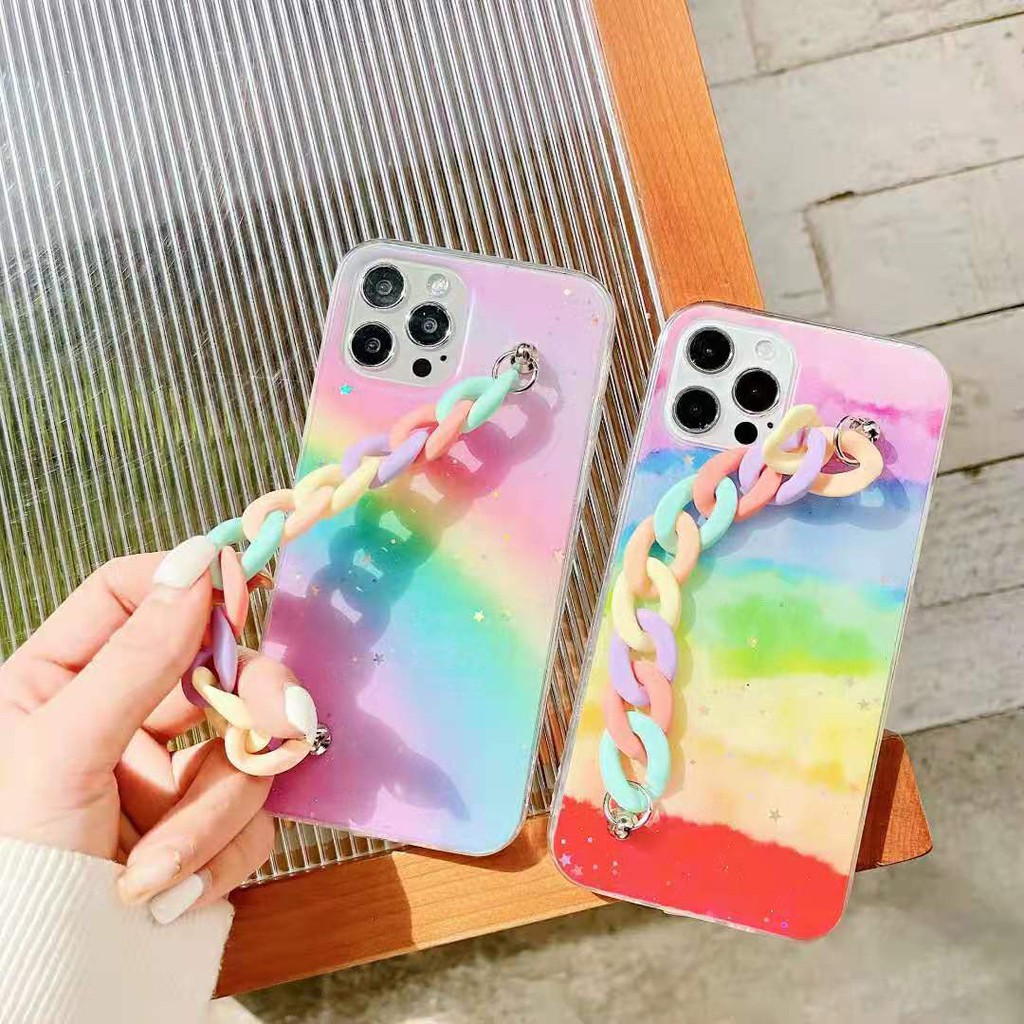Ốp điện thoại silicon màu cầu vồng có dây đeo cho IPhone 12 Pro Max 11 Pro Max XS Max XR 8 plus 7 plus
