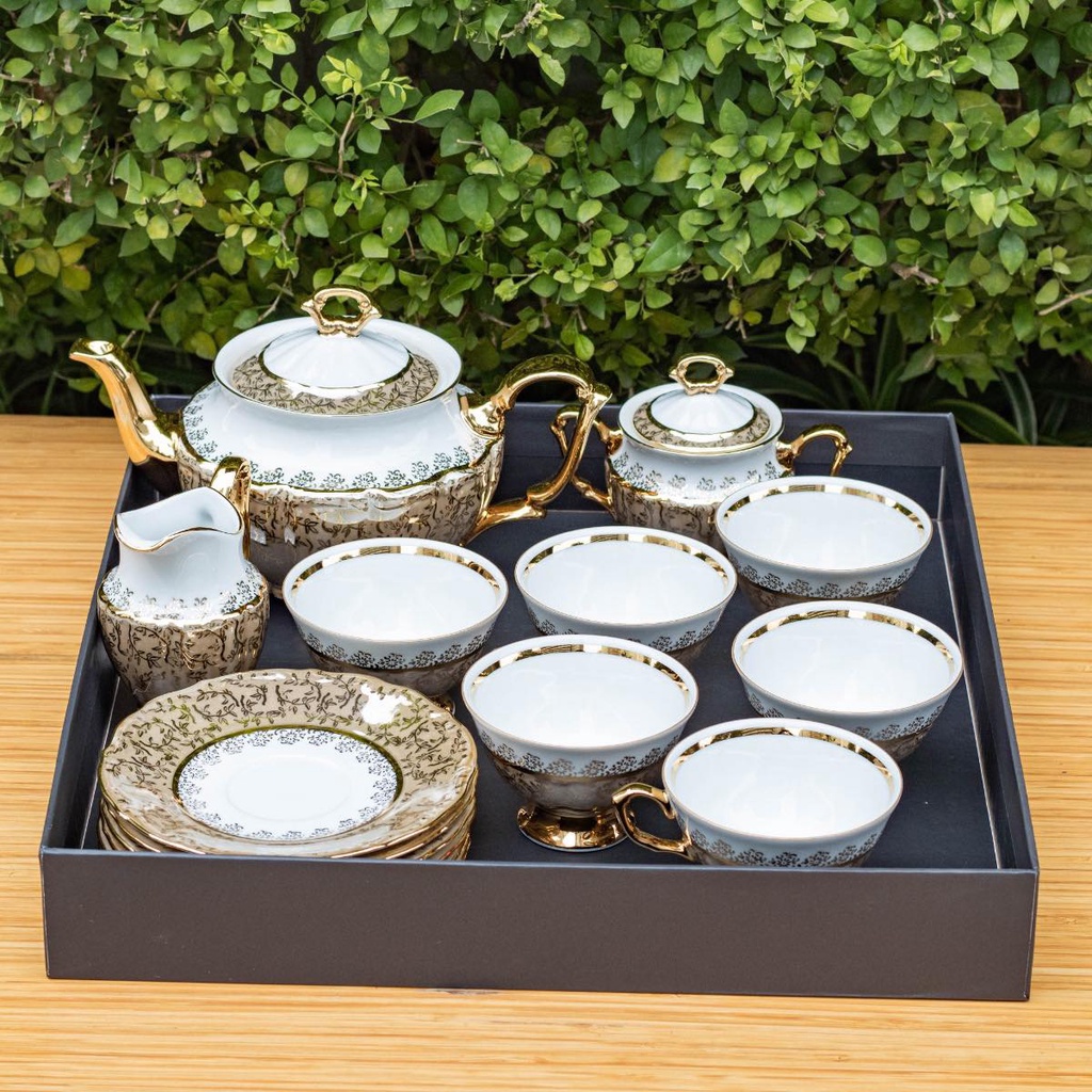 BỘ ẤM TRÀ SỨ MẠ VÀNG HOA DÂY MÀU CÀ PHÊ (SANG TRỌNG CAO CẤP) - HÀNG SÉC