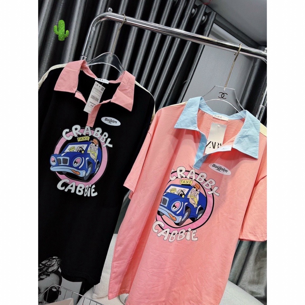 Áo thun nữ in họa tiết cabbie form rộng kiểu cổ bẻ sơ mi hot PC65