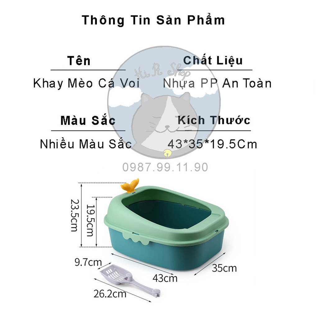 Khay Chậu Vệ Sinh Cho Mèo Hình Cá Voi Chất Liệu Nhựa PP An Toàn Chống Văng Cát Tặng Kèm Xẻng Hót Cho Thú Cưng Dưới 7kg