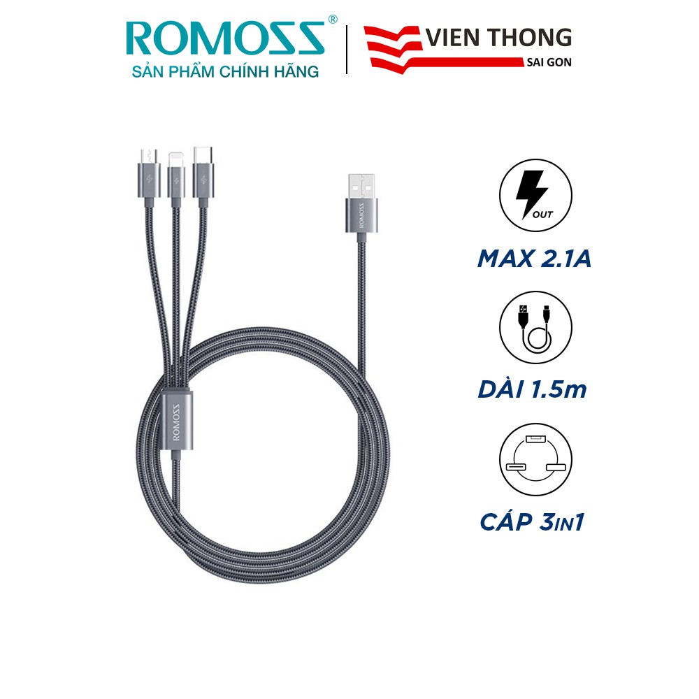 [Mã 2404EL10K giảm 10K đơn 20K] Cáp sạc nhanh Romoss CB25A 3in1 USB to Lightning / Type C / Micro USB dài 1.5m