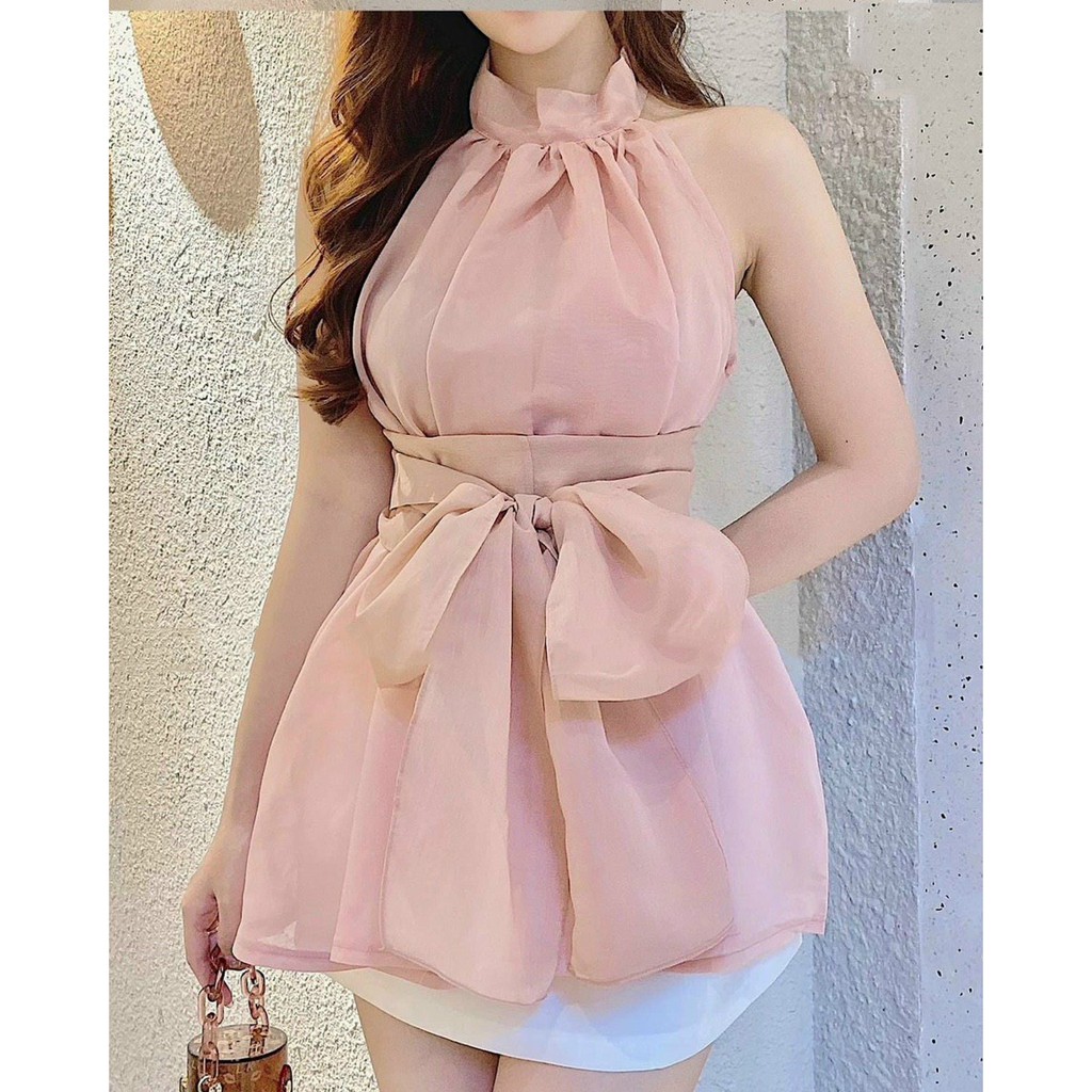 [FREESHIP] Áo voan kiến sát nách cột nơ nữ tính 4 màu hồng , nude , vàng và đen UKLY21