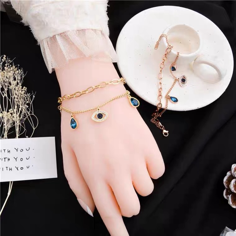 Vòng Đeo Tay Hai Lớp Bằng Thép Titan Mạ Vàng Hồng 18K / Vàng Hồng / Bạc Thiết Kế Hình Mắt Quỷ Độc Đáo Phong Cách Âu Mỹ Sang Trọng