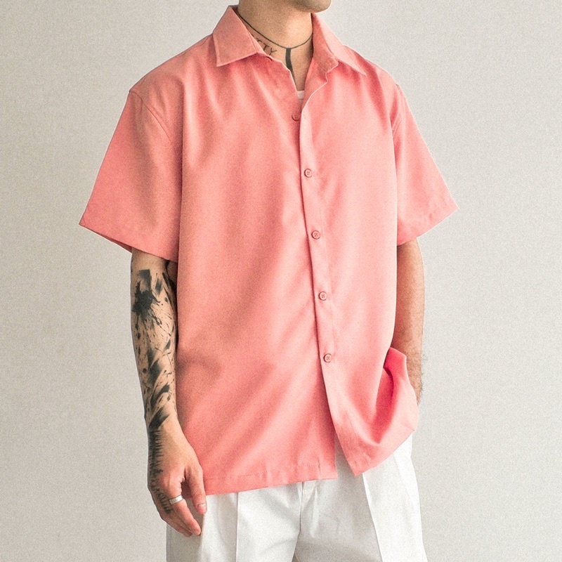 Áo Sơ Mi Ngắn Tay Đơn Giản Nam FVNXY Phom Rộng Ít Nhăn Màu Dâu Nam Tính