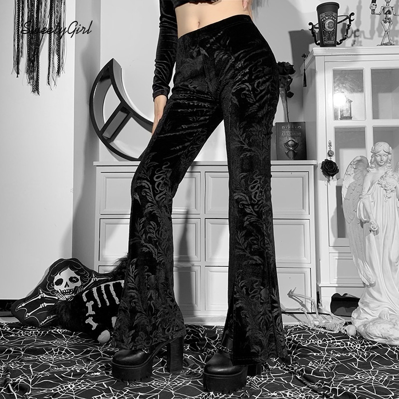 Quần dài ống loe lưng cao in nổi họa tiết hoa thời trang cho nữ