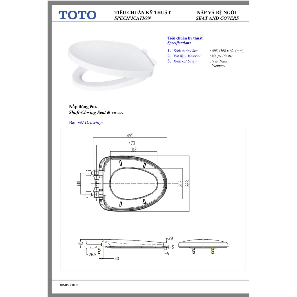 Nắp bồn cầu TOTO đóng êm TC385 thay cho các mã cầu Toto CS819, CS767, CS769, CS945, CS350, CS300, CS320, CS325