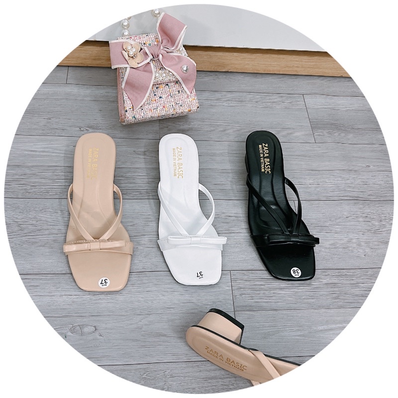 Dép Guốc quai mảnh phối nơ nhỏ da lì gót 3p