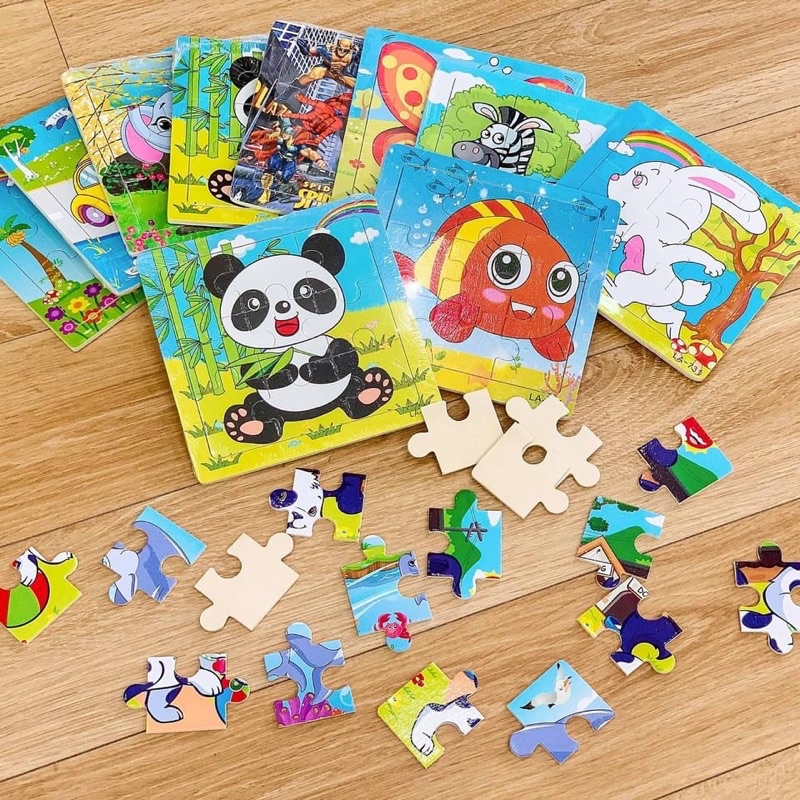 Tranh ghép gỗ 9 mảnh - size 15 x 15 cm, đủ chủ đề con vật và phương tiện giao thông giúp bé rèn luyện tư duy và kiên trì