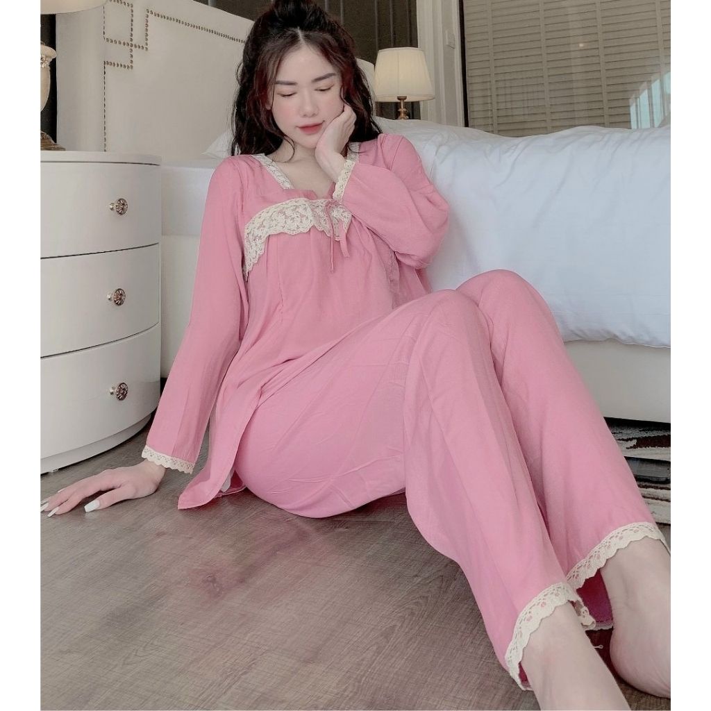 Bộ đồ bầu dài ren ngực kết hợp sau sinh M399 chất đũi thời trang thiết kế freesize từ 45 đến 70kg