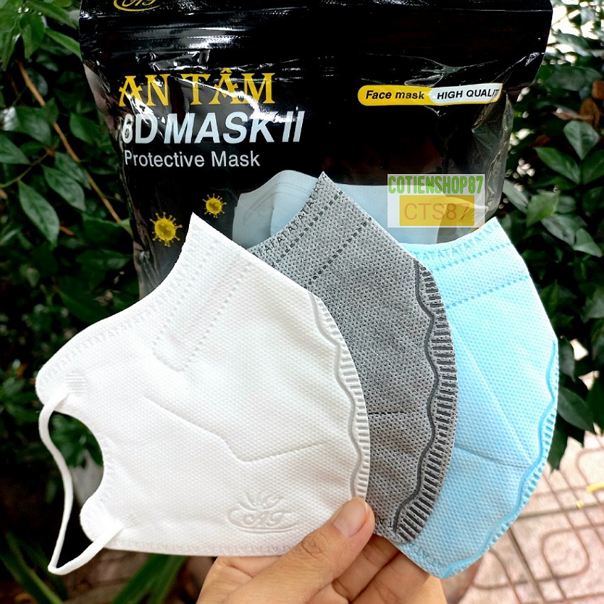 Khẩu trang 6d mask An Tâm, túi 10 cái, 5 lớp vải kháng khuẩn, thiết kế ôm kín khuôn mặt, quai thun co dãn tốt, nhiều màu