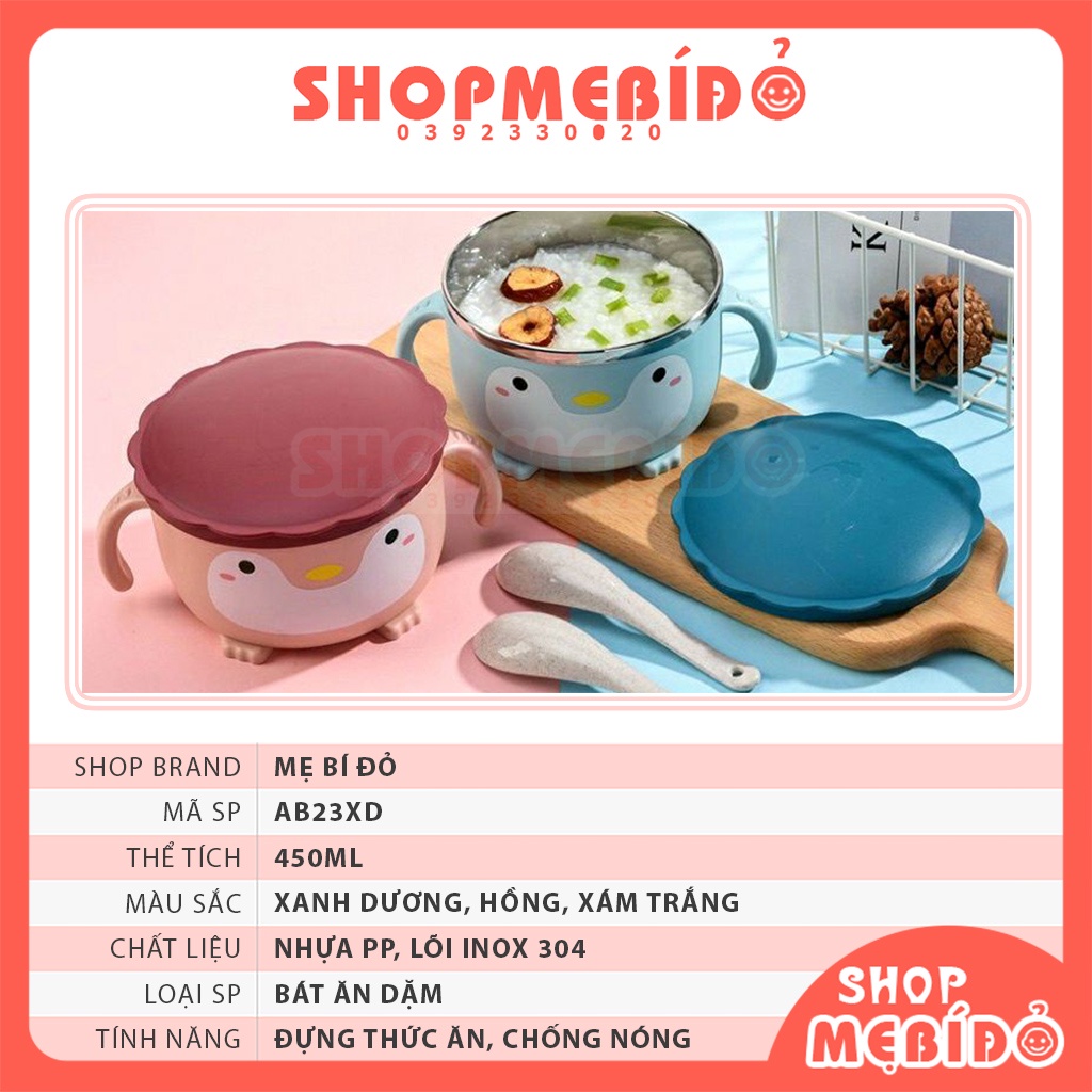 Bát Ăn Dặm Chống Nóng Lõi Inox Cao Cấp Cho Bé Bát Ăn Mì Hình Chim Cánh Cụt Tặng Thìa Shop Mẹ Bí Đỏ
