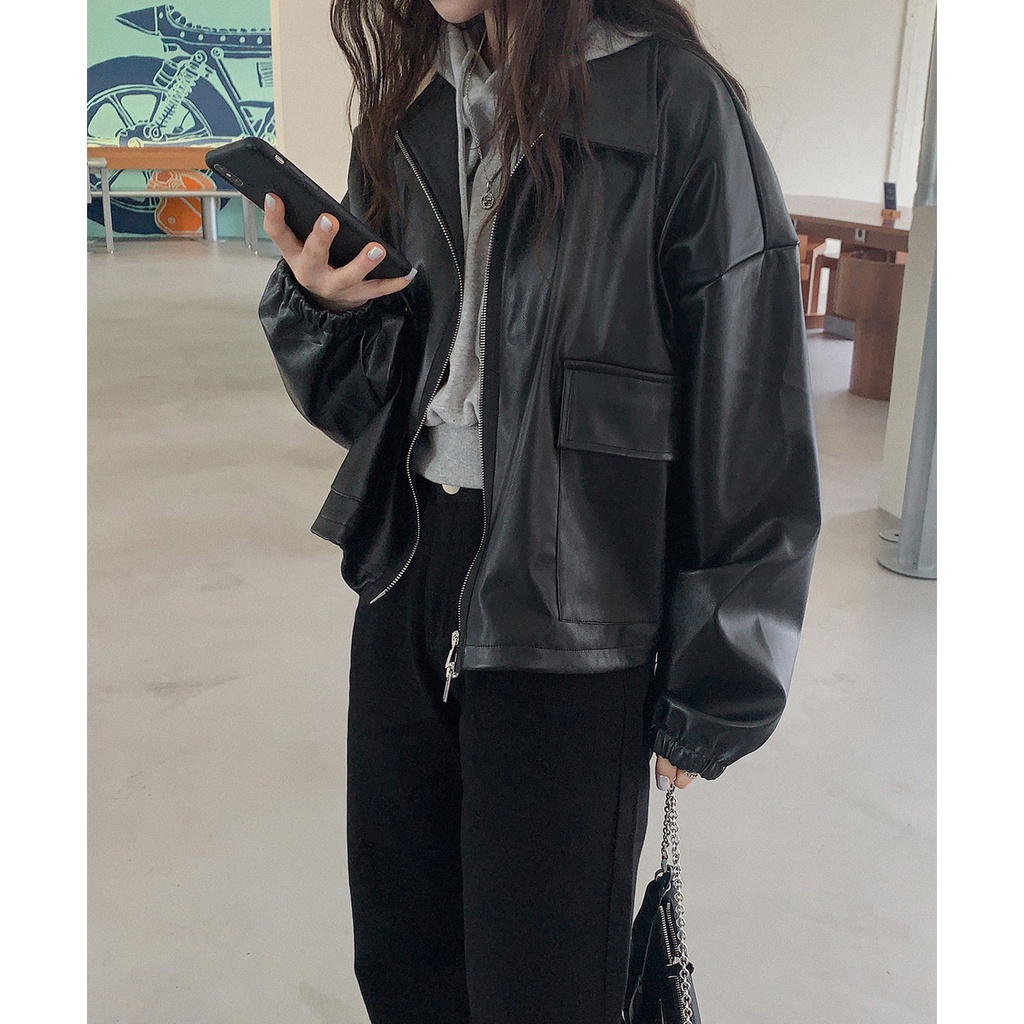Áo khoác da PU phối túi đơn giản thời trang cho nữ 45925