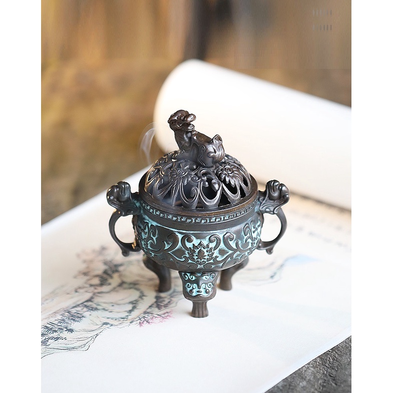 LƯ HƯƠNG ĐỐT TRẦM BẰNG HỢP KIM ĐỒNG HỌA TIẾT KỲ LÂN DÙNG XÔNG CÁC LOẠI NHANG TRẦM