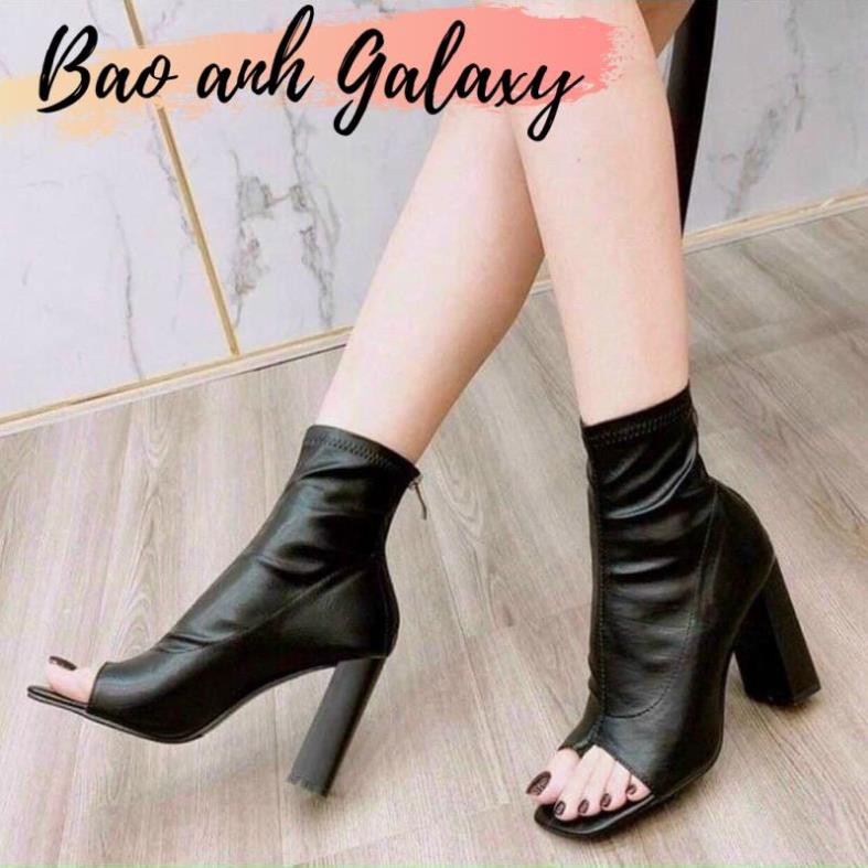 Giày Bốt Đế Cao Hở Mũi Da Nhăn Lì Hàng Thời Trang [Ảnh Thật]
