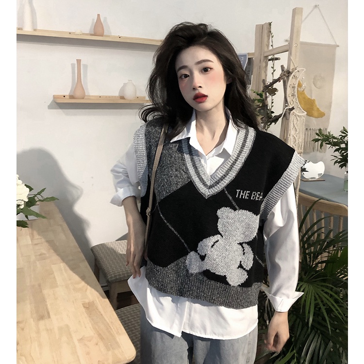 Áo dệt kim không tay họa tiết gấu xinh xắn theo phong cách retro hàn quốc