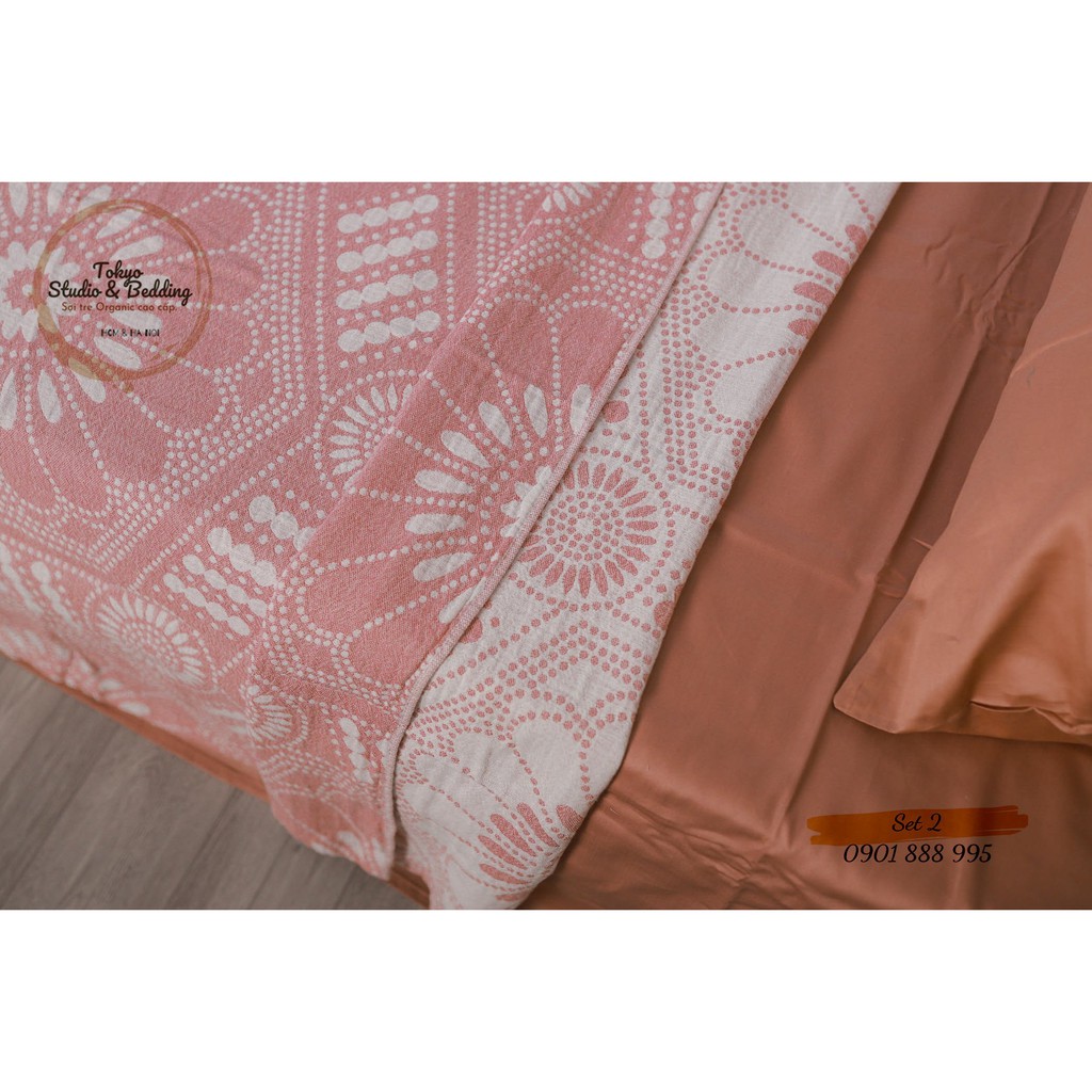 Set 02_ Chăn Xô Cotton Sợi tre Organic dòng Basic &amp; Ga gối Lụa