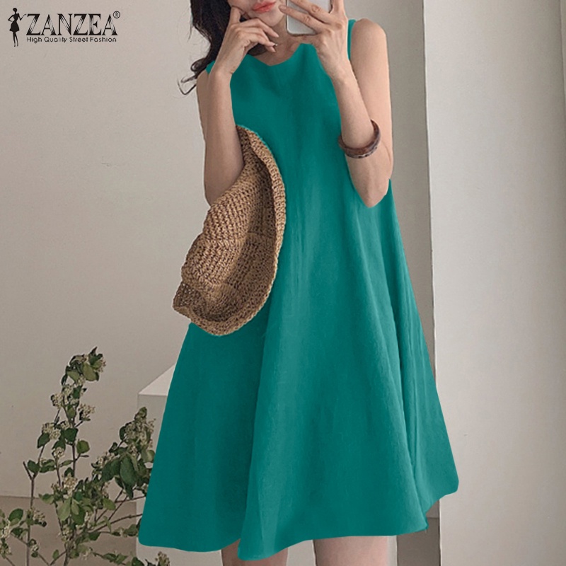 Đầm mini Zanzea không tay cổ tròn cài nút sau lưng màu trơn kiểu vintage cho nữ