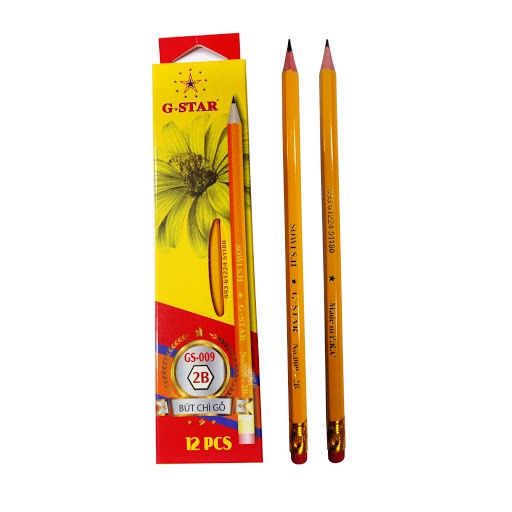 Hộp 12 cây Bút chì đen vỏ gỗ G-Star ( 2B - 3B - 4B - 5B - 6B ) (chì vàng, có gôm) Màu chì đậm, rõ nét
