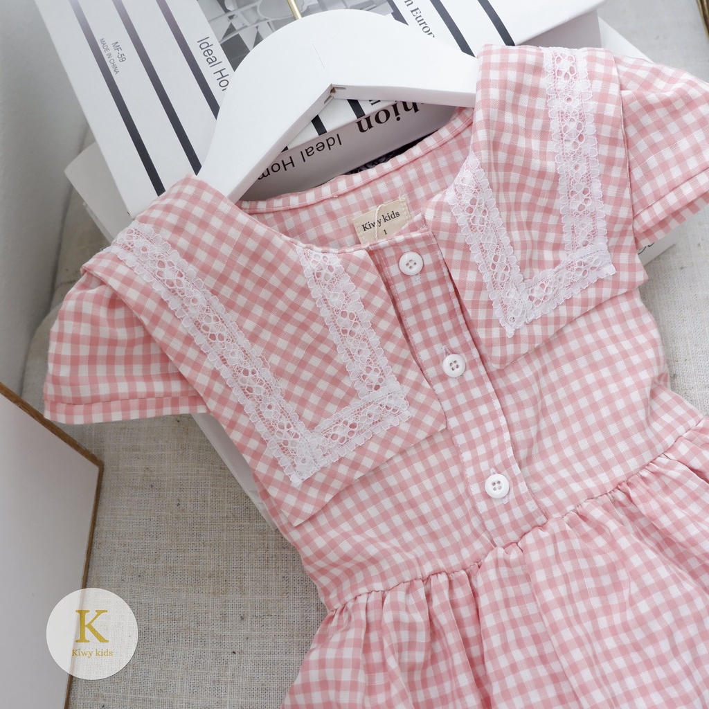 Đầm bé gái KIWY KIDS chất cotton kẻ caro, cổ viền ren độc đáo Kidsh2195 cho bé từ 1 đến 6 tuổi