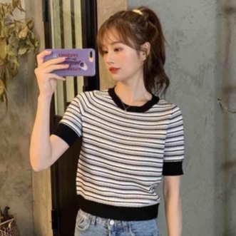 Áo thun NZN tay ngắn cổ tròn dáng rộng họa tiết kẻ sọc nhiều màu thời trang mùa hè cho nữ