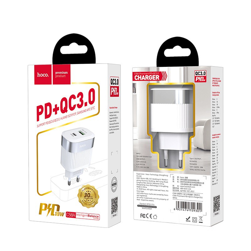 CỦ SẠC SIÊU NHANH HOCO C58A / TÍCH HỢP QC 3.0 VÀ PD  - BẢO HÀNH ĐỔI MỚI