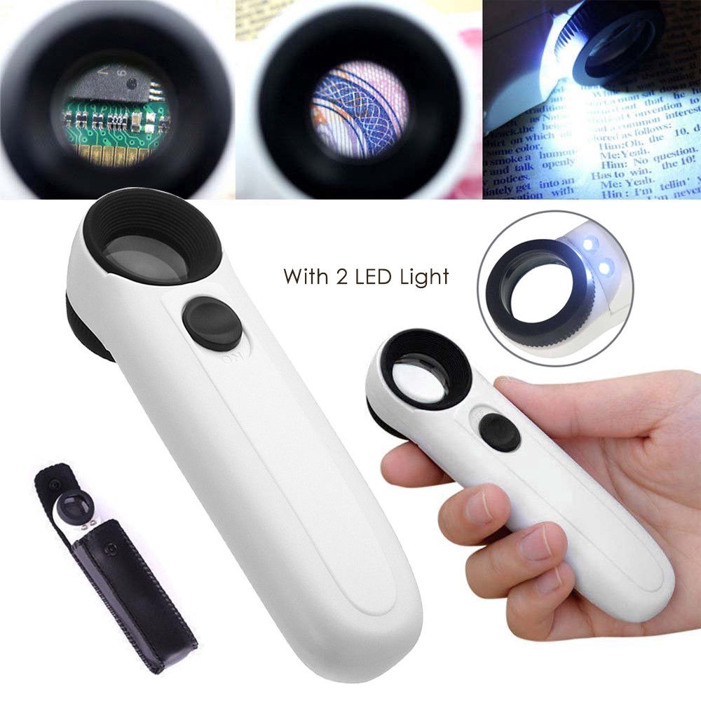Kính Lúp 40x2 Nhỏ Gọn Có Đèn LED Kèm Bao Da Tiện Dụng
