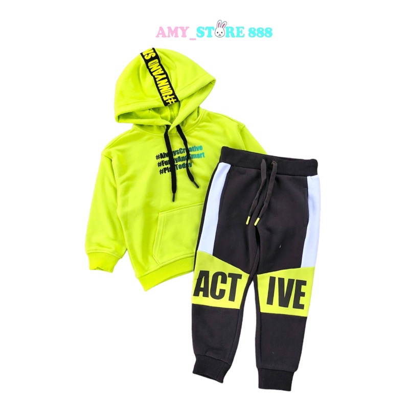 Bộ dài tay bé trai áo hoodie xuất dư chất nỉ màu xanh