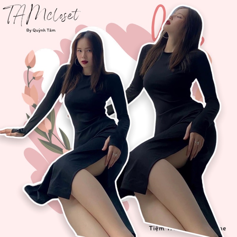 Đầm maxi body thun tay dài xẻ tà hai bên - TK116