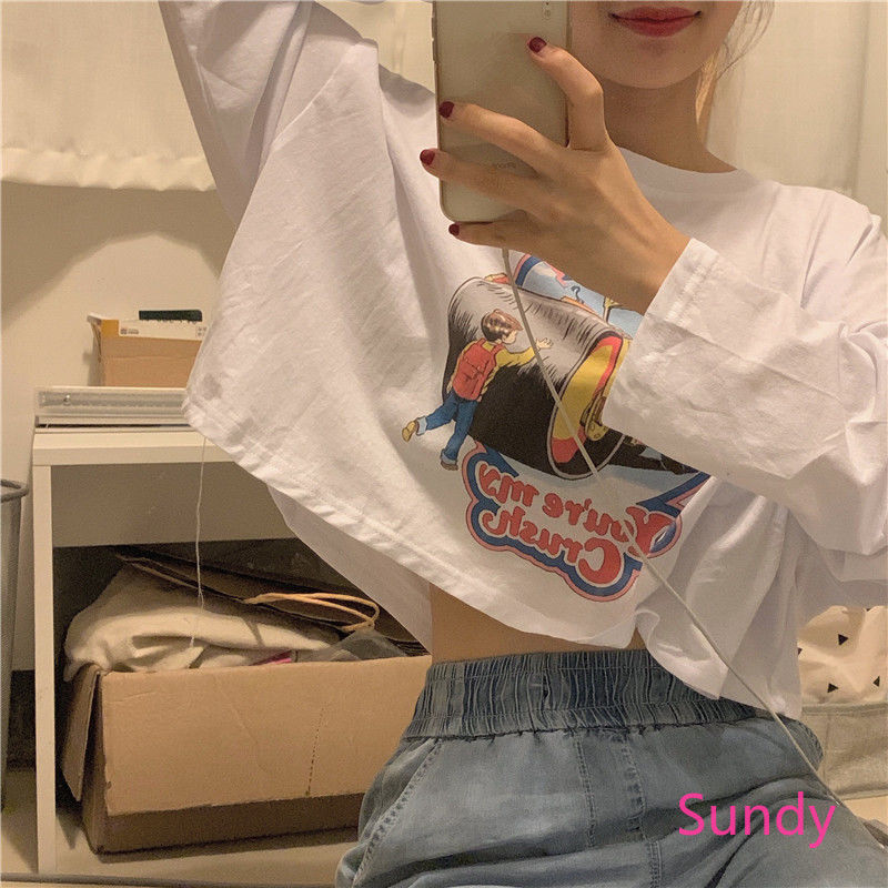 Áo croptop dáng rộng dài tay họa tiết hoạt hình đáng yêu dành cho bạn nữ | BigBuy360 - bigbuy360.vn