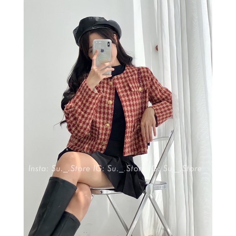 Áo khoác dạ tweed độn vai kẻ caro - Áo khoác dạ nữ ziczac 2 màu đen đỏ