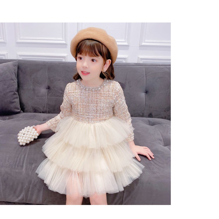 Váy công chúa cho bé gái 3-8 tuổi dạ phối ren hãng Tong Yan, Đầm dạ trẻ em