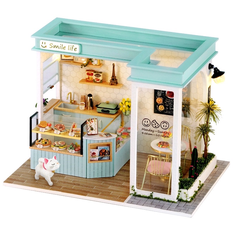 (Tặng mica,keo,đèn)Mô hình gỗ Nhà búp bê tự lắp ráp tiệm bánh Smile Life đồ chơi diy doll house C016