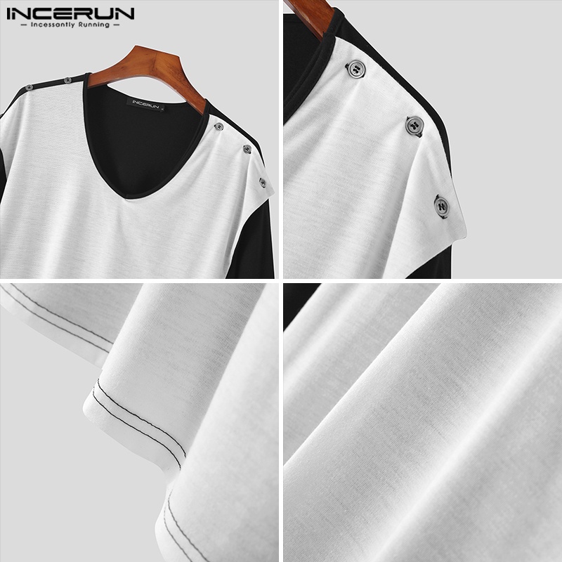 Áo thun INCERUN dài tay cổ chữ V màu trắng đen cho nam