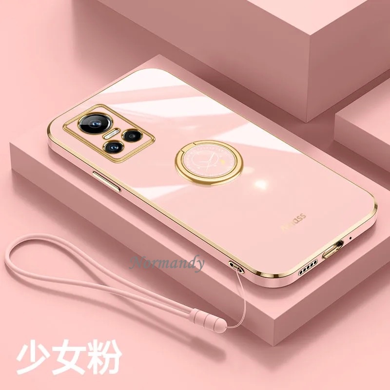 Vỏ điện thoại Ready Stock Casing Realme GT NEO 3 3T Neo2 2 Pro GT Master Edition 5G Straight Edge Plating Handphone Case TPU Softcase with Fashion Clock Ring Hand Strap Ultra Thin Back Cover