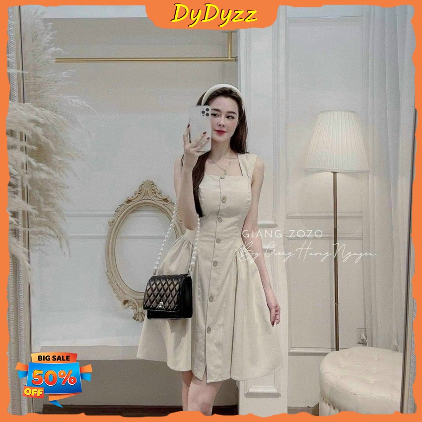 [Sales FreeShip] váy hai dây mặc đi chơi, đầm reto dáng xòe đính nút thanh lịch, váy basic Hàn Quốc hai dây