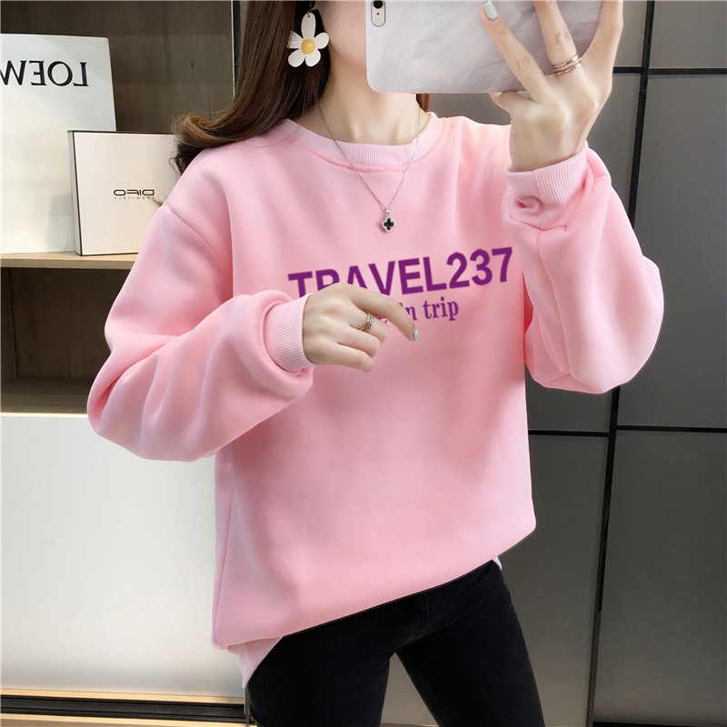Áo Sweater Nhung Cổ Tròn Dáng Rộng In Họa Tiết Thời Trang Thu Đông Cho Nữ 238164 Real Shot 190g