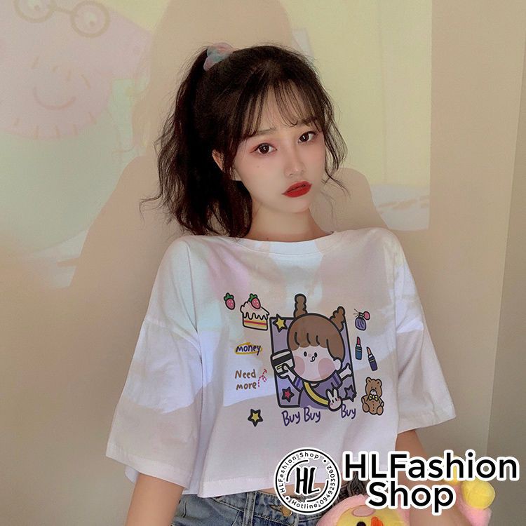 Áo croptop thun nữ bé gái đi mua sắm cực xinh, áo thun nữ HLFashion | BigBuy360 - bigbuy360.vn