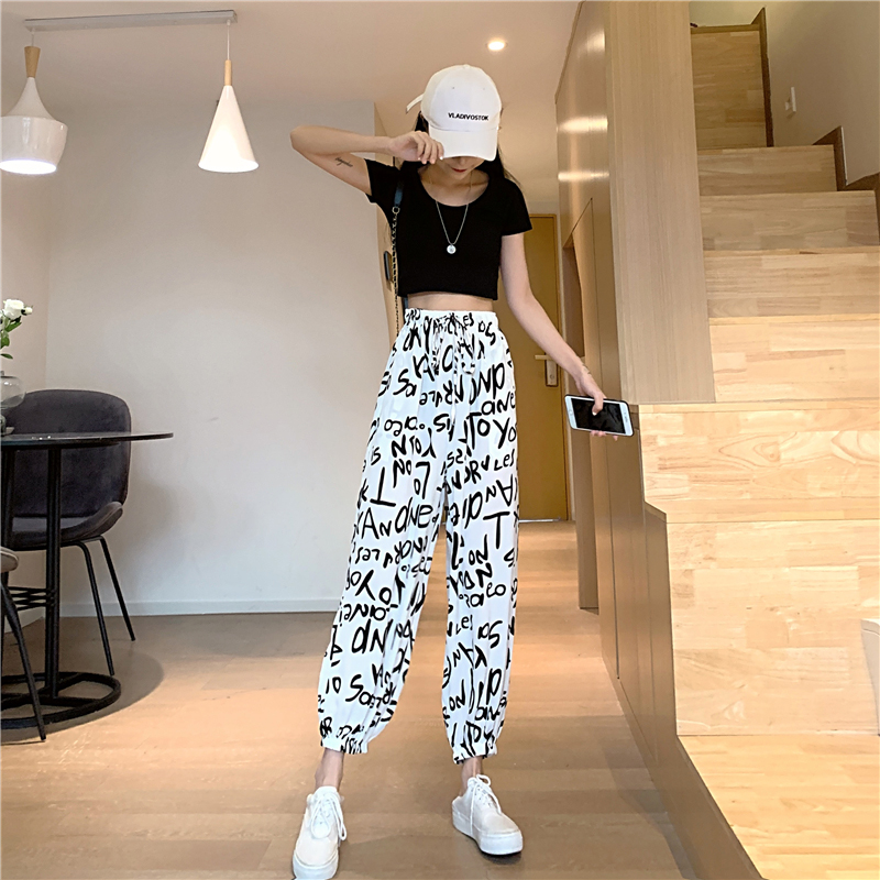 Quần Dài Thể Thao Vải Chiffon Mỏng Lưng Cao In Chữ Graffiti Kiểu Hàn Quốc Thời Trang Mùa Hè Cho Nữ