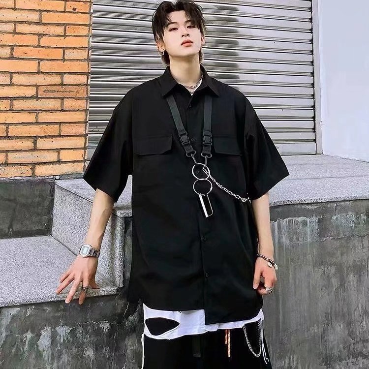 Áo Sơ Mi Tay Ngắn Dáng Rộng Phối Dây Xích Thiết Kế Độc Đáo Phong Cách Hip Hop Thời Trang Cho Nam Và Nữ 2022