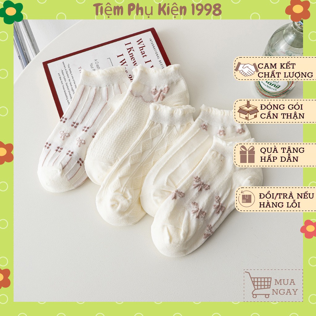 Vớ nữ cổ thấp, tất nữ họa tiết hoa nhí chất liệu cotton co giãn thoáng mát sét 5 đôi