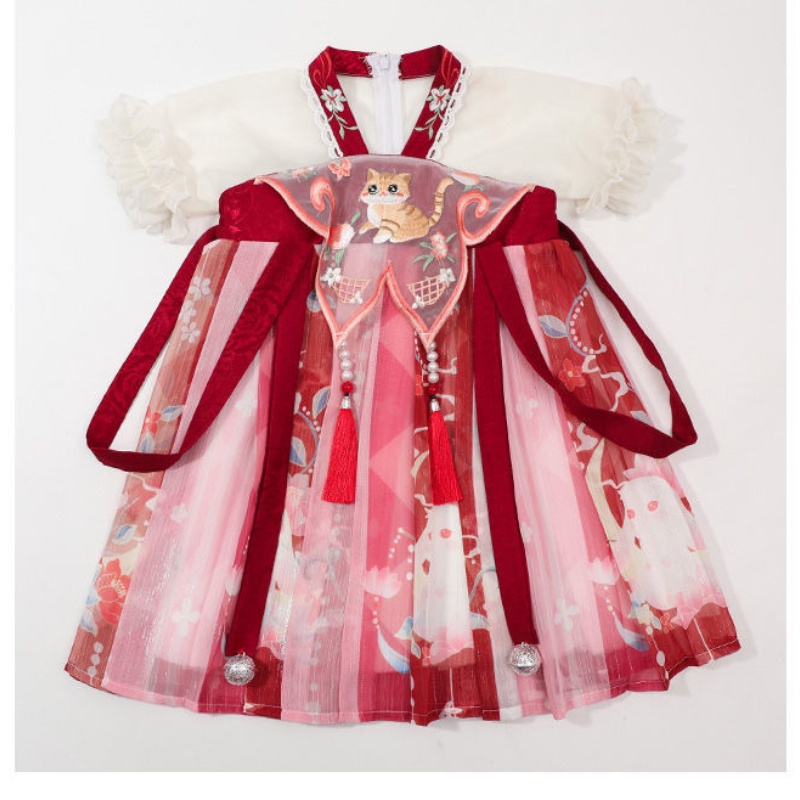 Đầm Hán Phục Tay Ngắn Thêu Họa Tiết Phong Cách Trung Hoa Xinh Xắn Cho Bé Gái