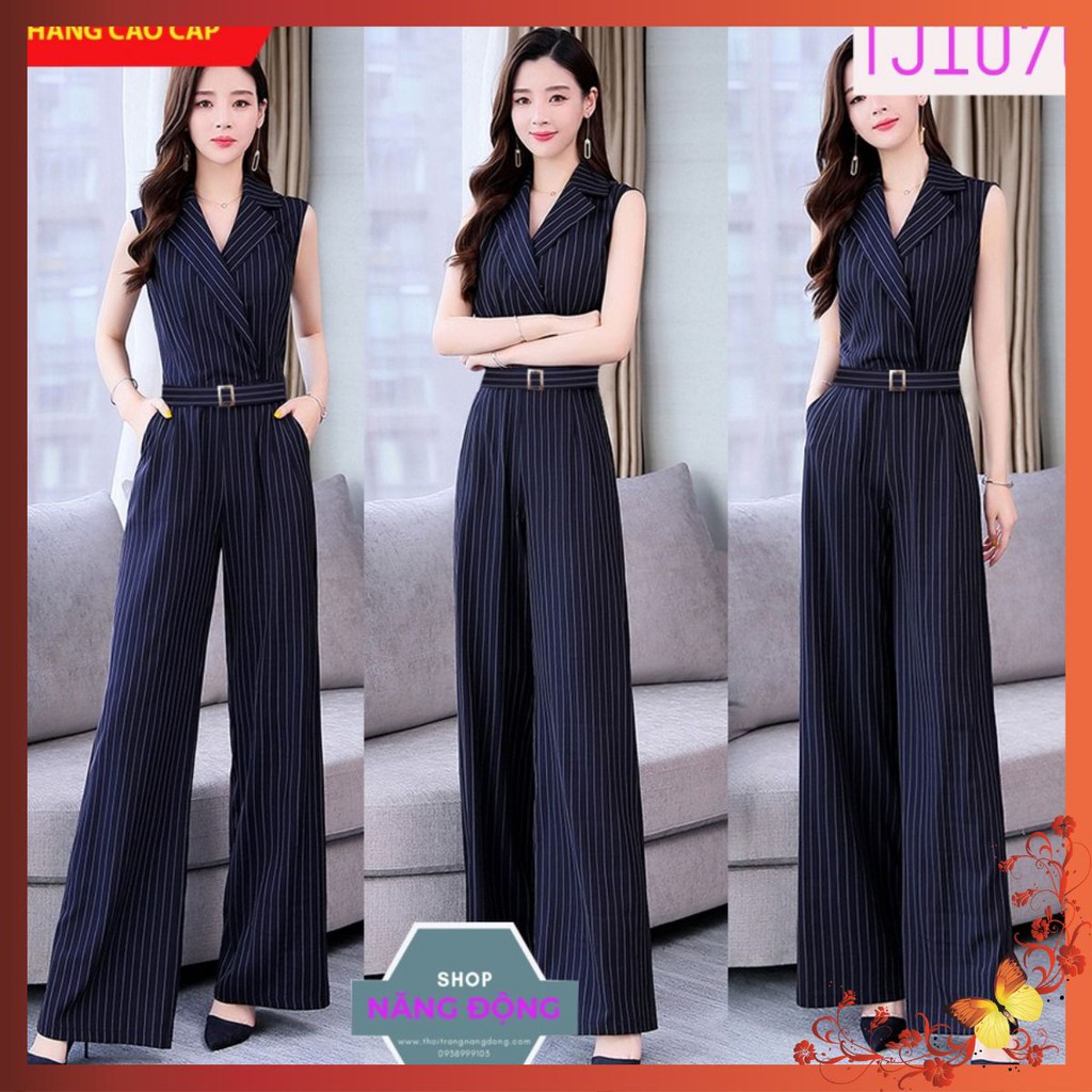 Jumpsuit 💥FREESHIP💥 Jum dài kẽ sọc cổ vest thắt lưng kèm belt như hình TJ1070