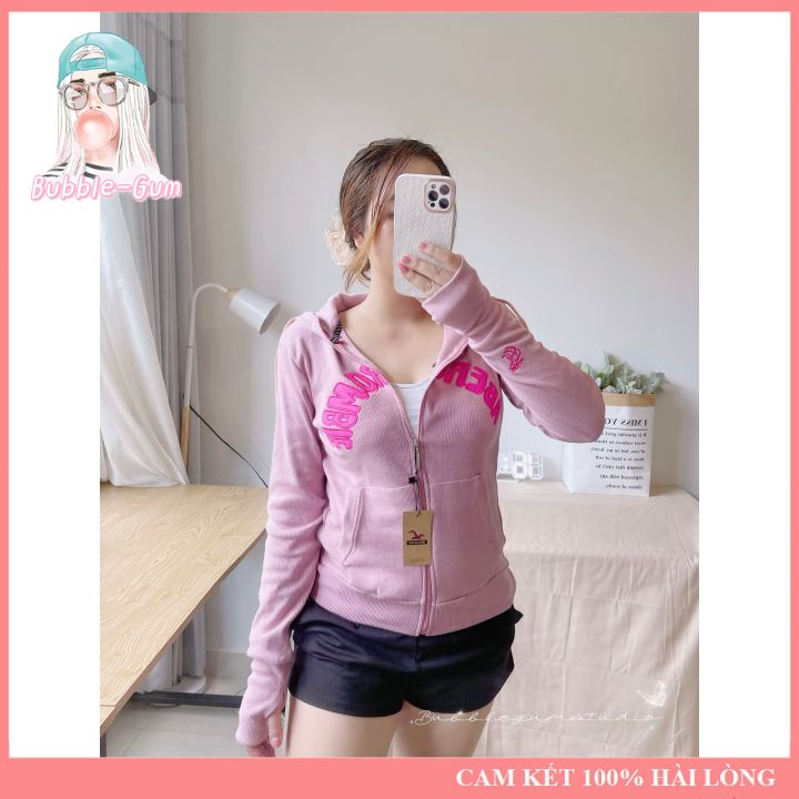 Áo Khoác Nữ Thêu Chữ ABER Chất Liệu Thun Gân Tay Xỏ Ngón 4 Túi Freesize Dưới 60Kg BUBBLE GUM