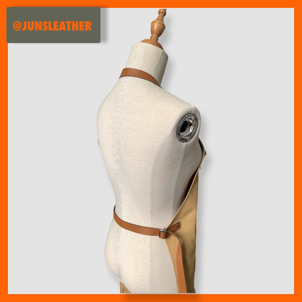 Tạp dề pha chế vải canvas dây da của Junsleather phối da bò cao cấp dành cho Barista/Bartender quán cà phê