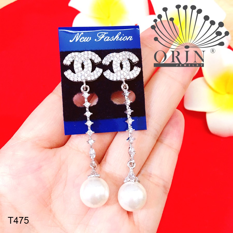 Bông tai tòn ten chữ x châu dài đính đá bền màu thiết kế cao cấp Orin T475