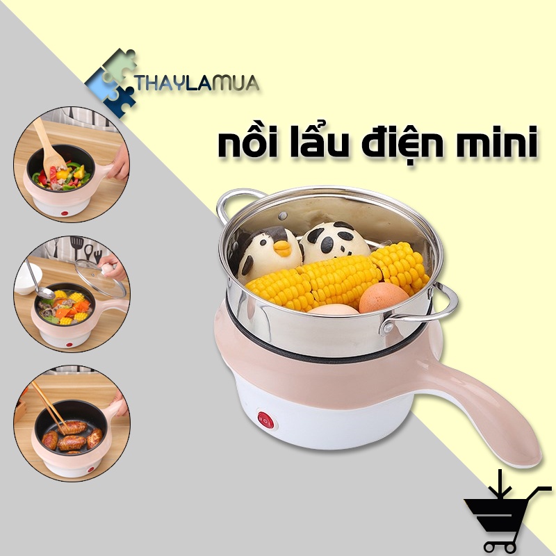 Nồi Điện Mini Hai Tầng Đa Năng Tặng Kèm Khay Hấp có thể Chiên, Xào, Nấu ăn, nấu cơm, nấu lẩu mini
